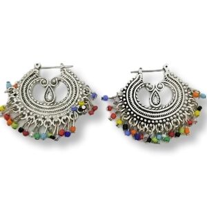 NANCY & RISE VINTAGE COLORFUL BEADED FRINGE & SILVERTONE BOHO STYLE EARRINGS